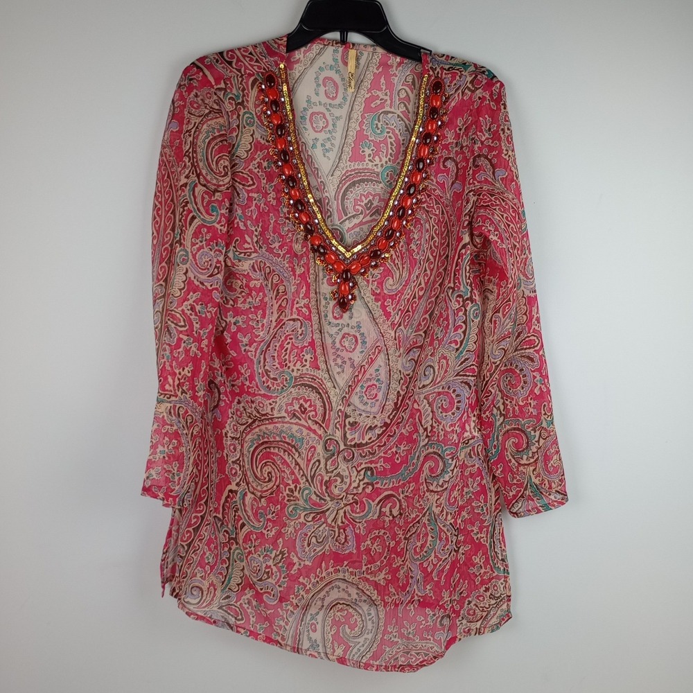 Elan Women S Red Sheer Embellished Jeweled Vneck Boho Paisley Tunic Blouse Top